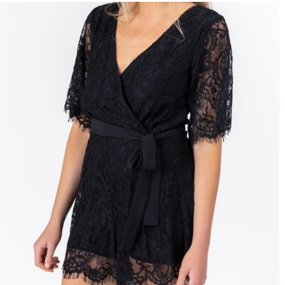 Blue Rain boho short sleeve black lace romper jumpsuit with tie belt